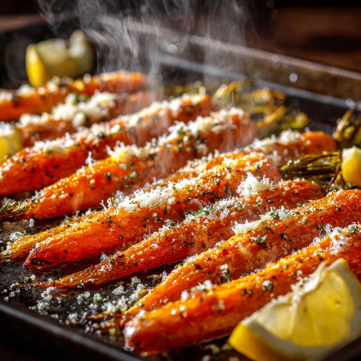 Hot roasted carrots on a baking sheet, sprinkled with parmesan cheese and herbs, steam rising with lemon wedges on the side.