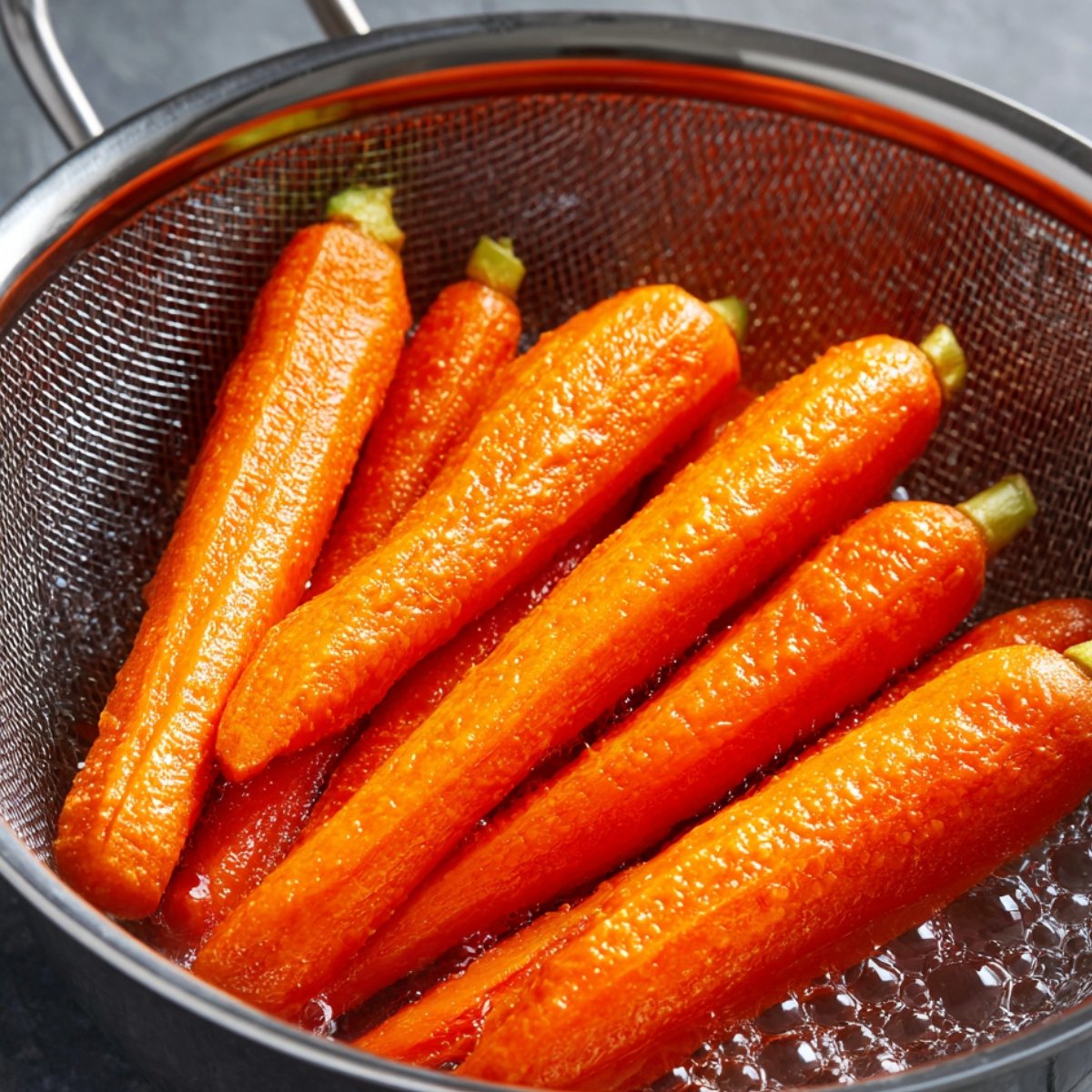 Bright orange boiled carrots resting in a metal strainer after cooking, slightly glistening with steam.