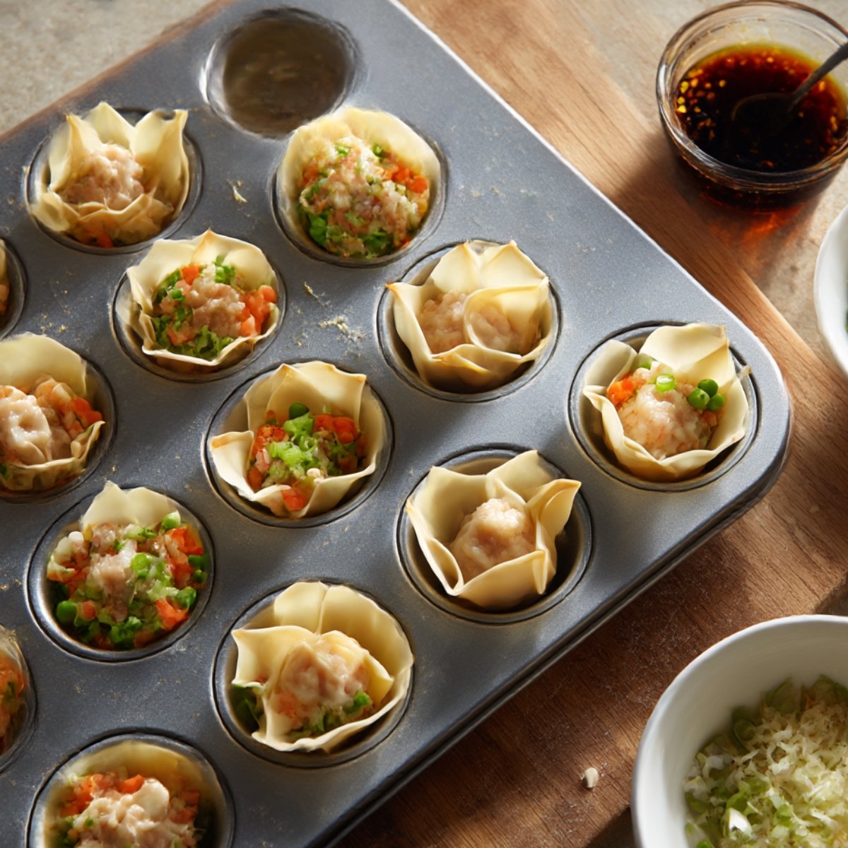 A muffin tin with wonton wrappers filled with raw taco filling—ground meat, diced vegetables, and peas—ready for baking, with dipping sauce on the side.