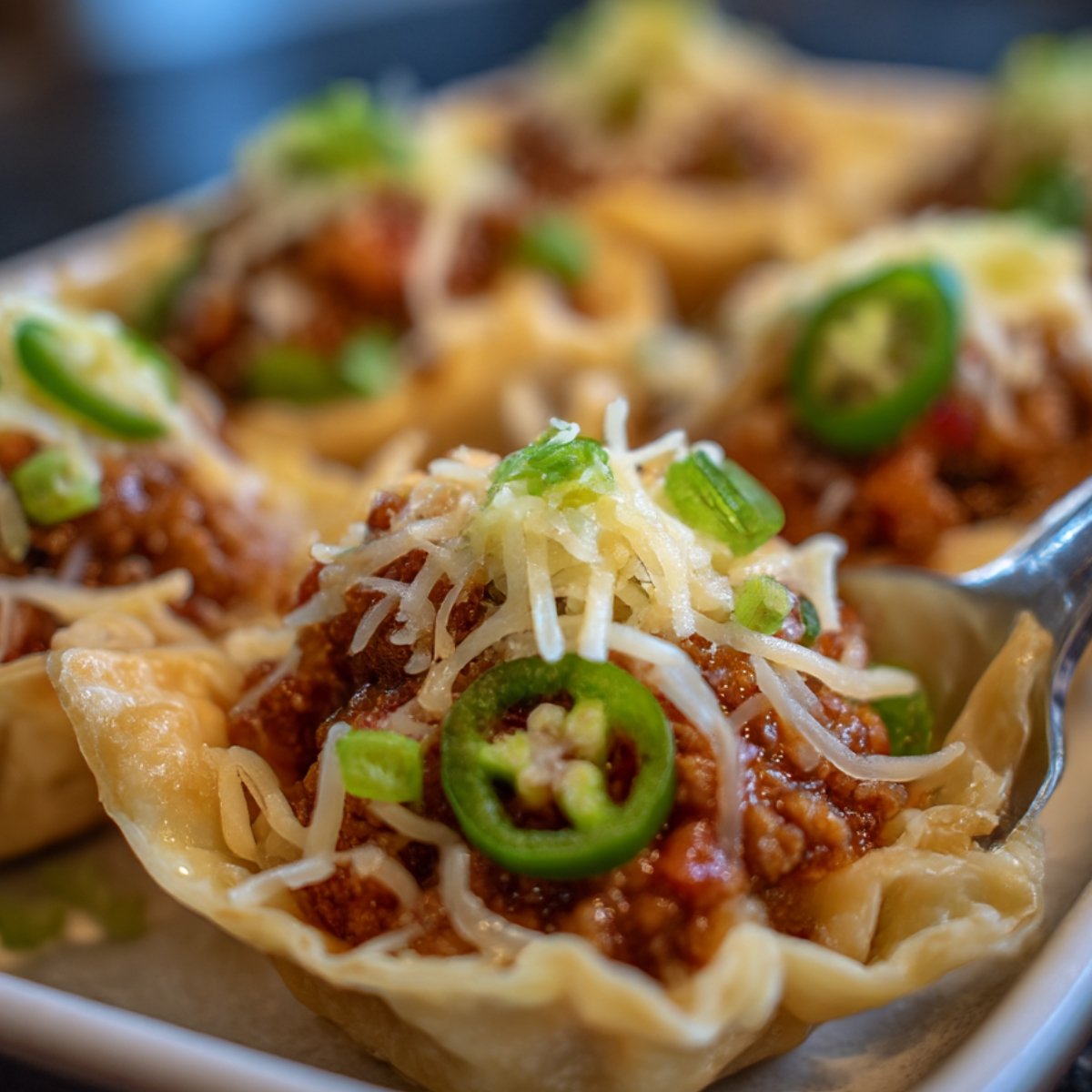 A rustic wooden table with taco cupcake ingredients, including ground beef, shredded cheeses, diced onions, sour cream, and stacks of square wonton wrappers.