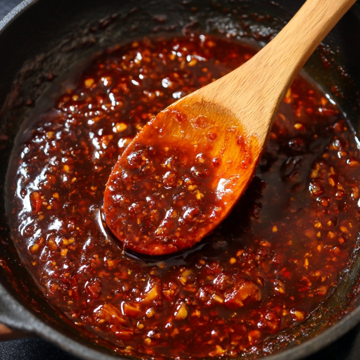 A wooden spoon mixing a spicy, garlicky sauce in a frying pan. The sauce is rich with chili flakes and a reddish-brown color, looking thick and flavorful. The setting is a kitchen stove.