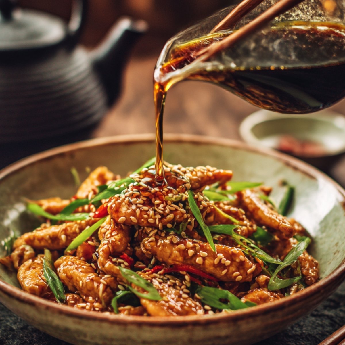 A close-up of a dish of Tteokbokki, a Korean rice cake dish. The Tteokbokki is covered in a red sauce and topped with sliced green onions, sesame seeds, and red pepper flakes. The background shows a wooden surface and small ingredients like soy sauce and garlic.