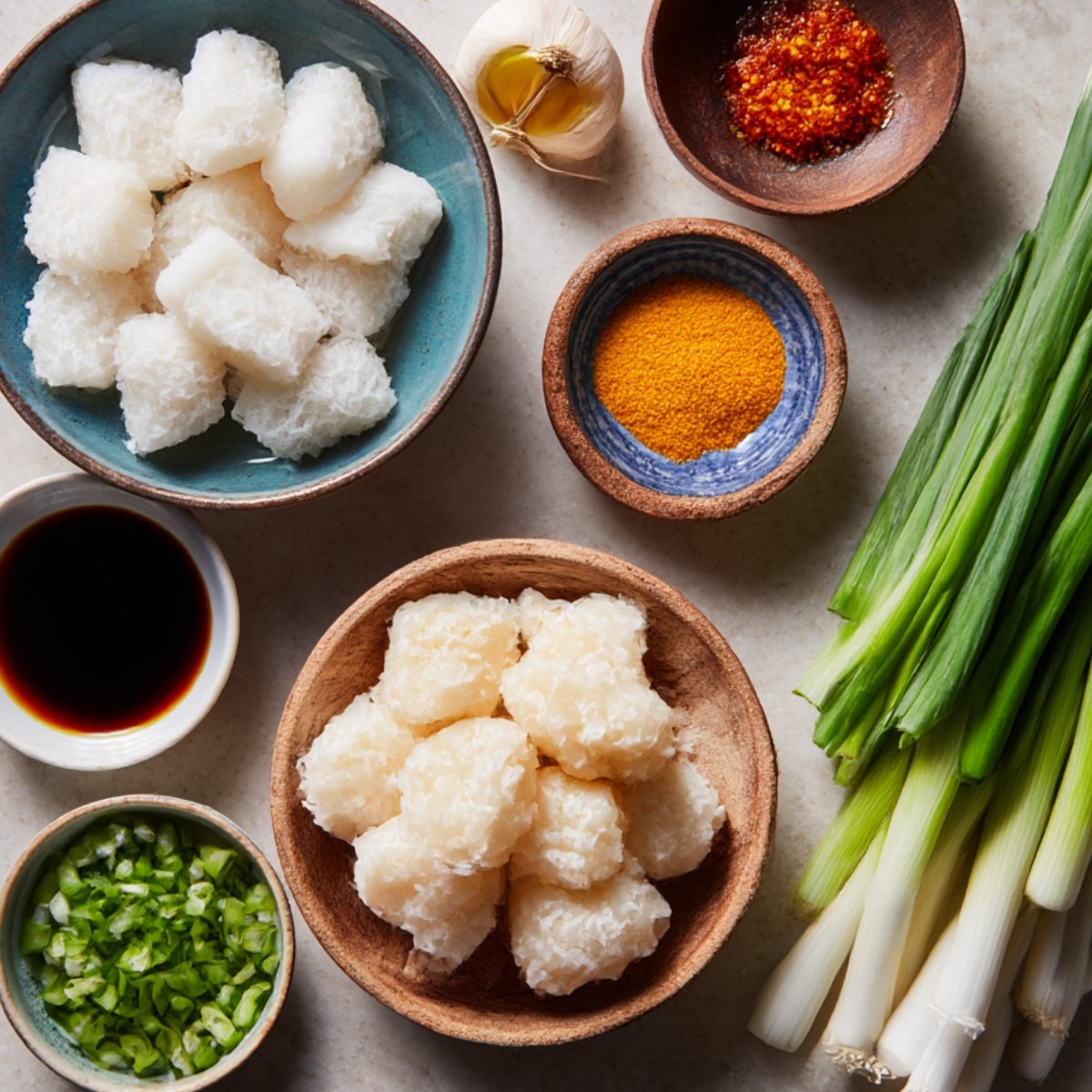 Various ingredients for Tteokbokki are displayed on a surface: small blocks of rice cakes, chopped green onions, garlic, chili powder, soy sauce, and a bowl of broth. The ingredients are neatly arranged in bowls, preparing for cooking.