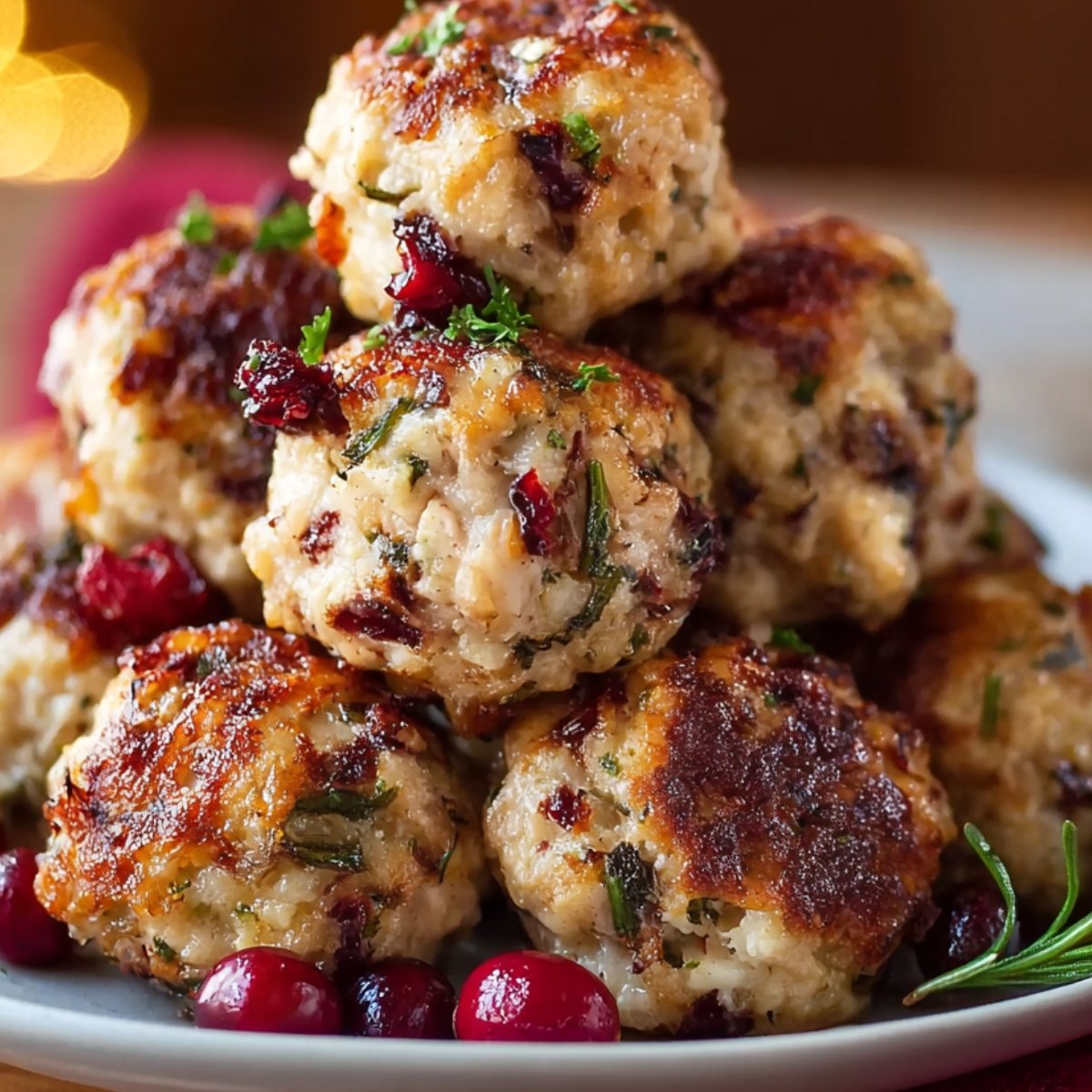 Golden-brown turkey meatballs studded with cranberries and herbs, garnished with parsley and surrounded by fresh cranberries on a plate.