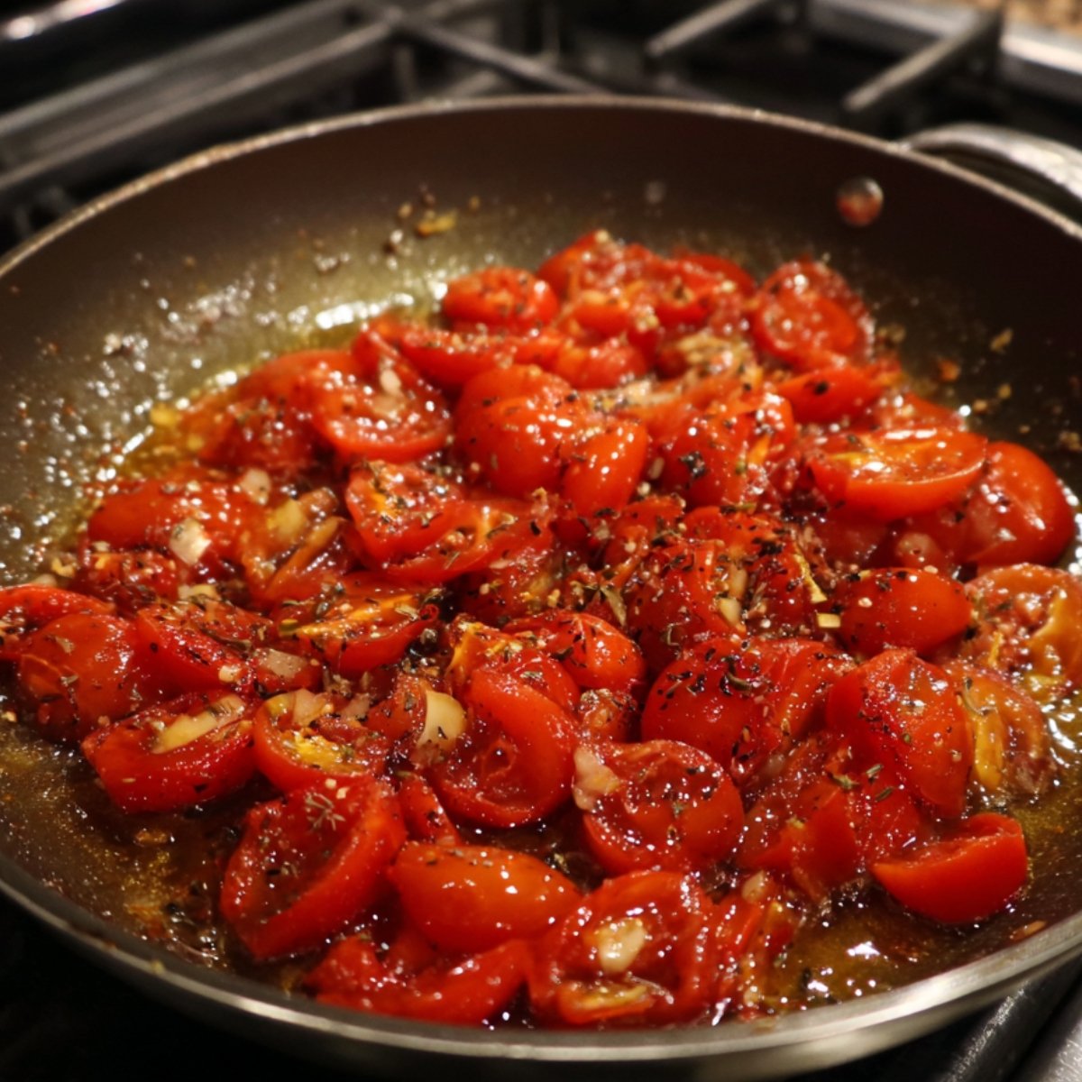 A skillet of cherry tomatoes sautéing in oil with garlic, herbs, and spices, creating a vibrant tomato sauce base.