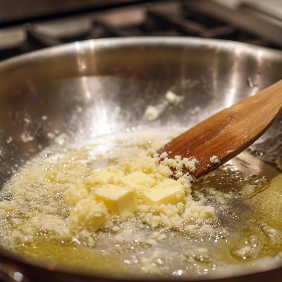 Butter and minced garlic melting in a skillet, stirred with a wooden spoon to form the base of Alfredo sauce.