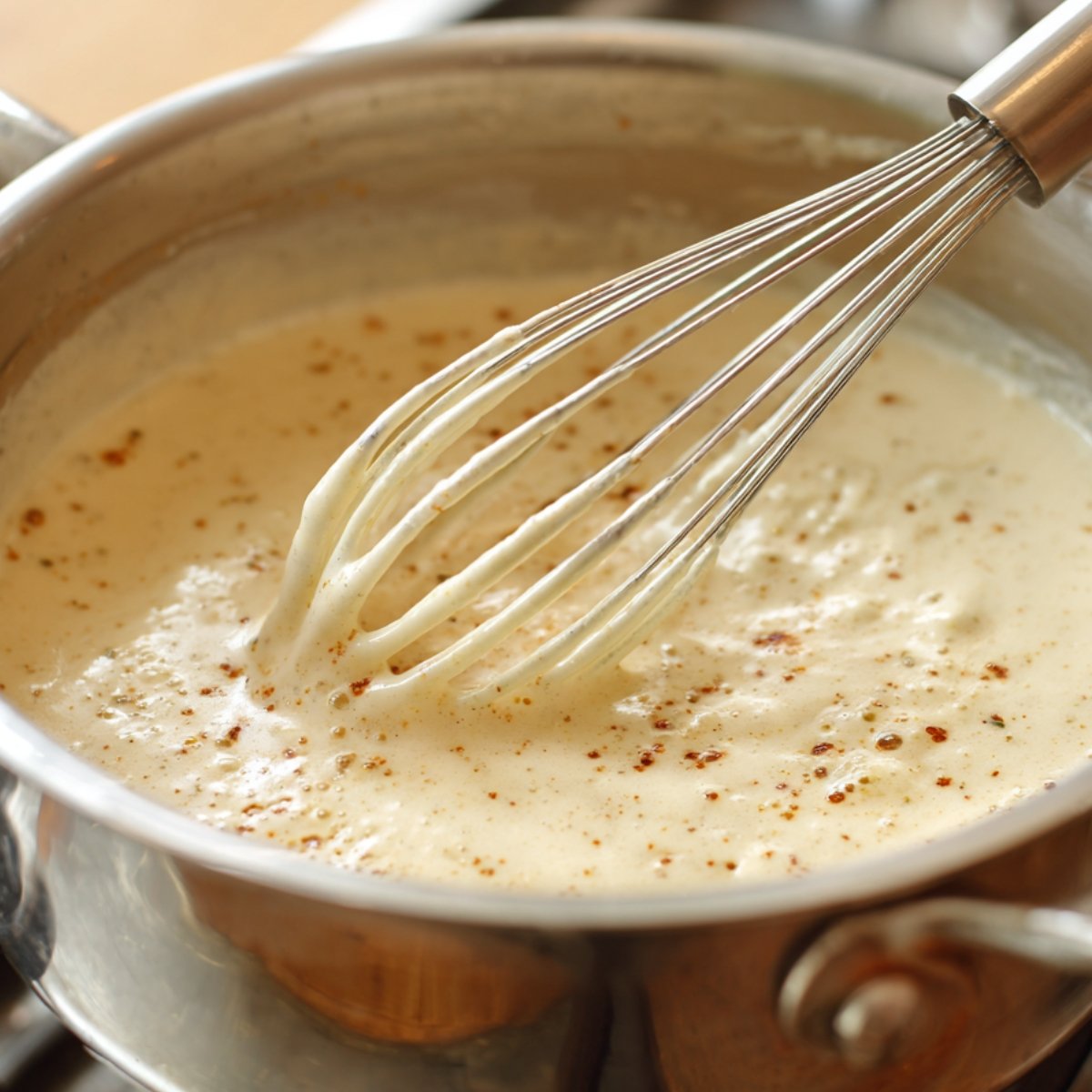 A saucepan with creamy Alfredo sauce being whisked, showing a smooth and thick consistency with specks of seasoning.