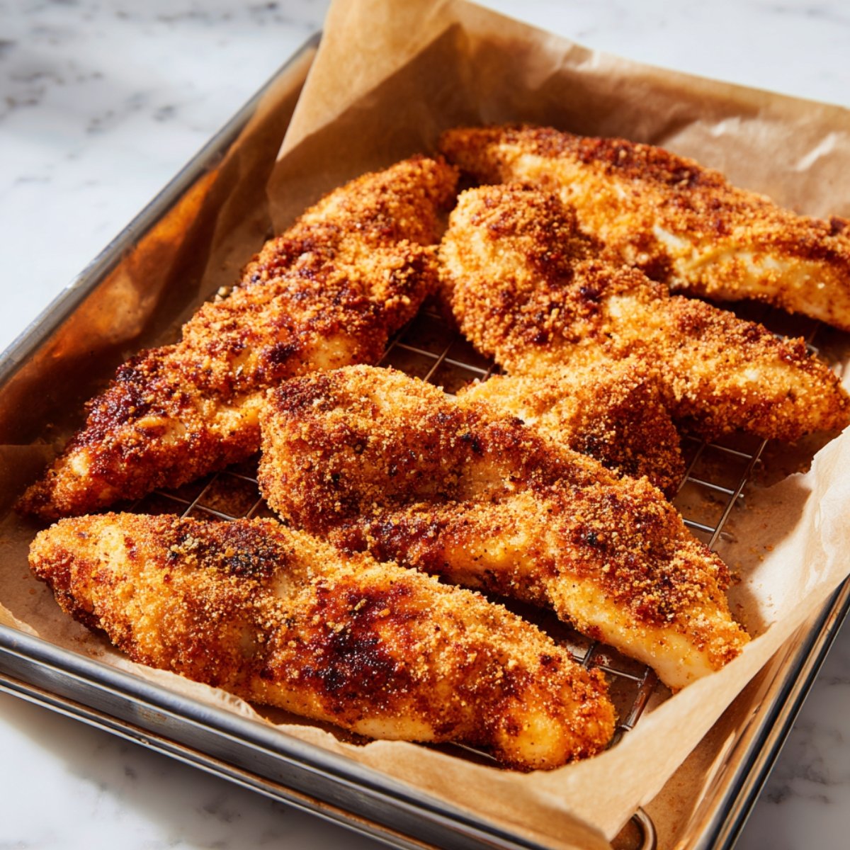 Breaded chicken tenders baked to a golden crisp, placed on a parchment-lined wire rack over a baking sheet.