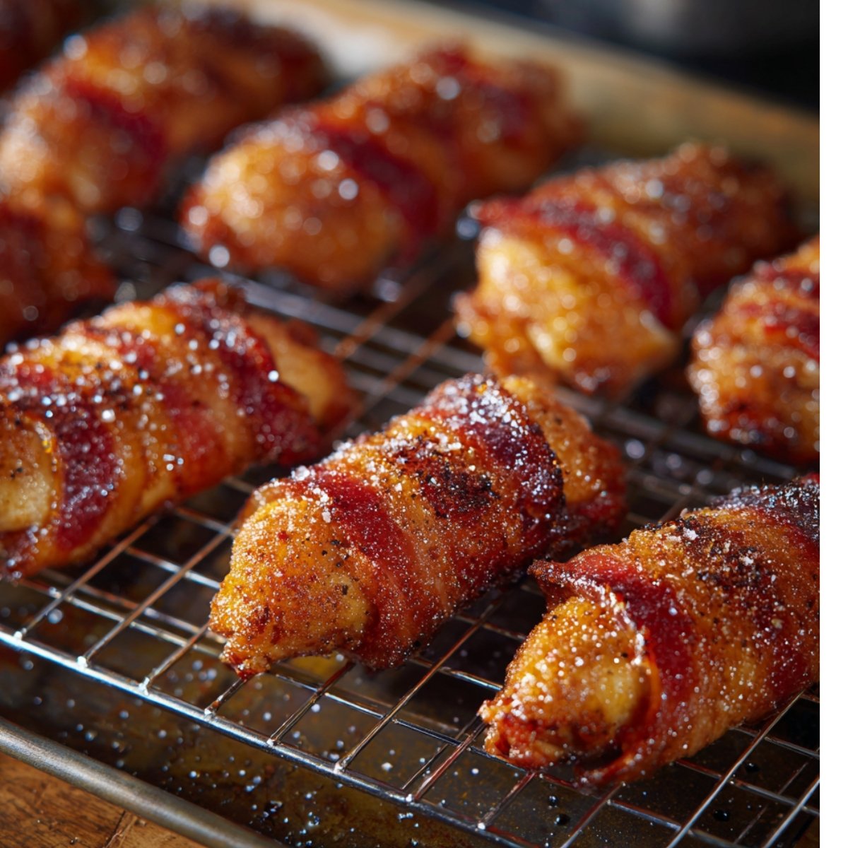Freshly baked bacon-wrapped chicken tenders resting on a cooling rack, glistening with brown sugar glaze and sprinkled with pepper.