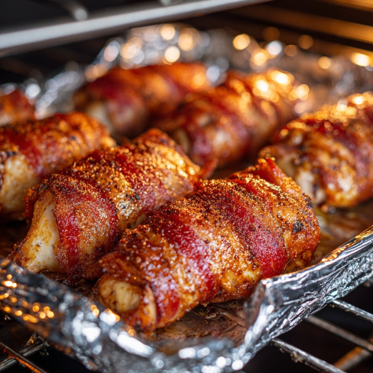 Bacon-wrapped chicken tenders baking in the oven on a foil-lined tray, with a golden brown crust and caramelized edges.