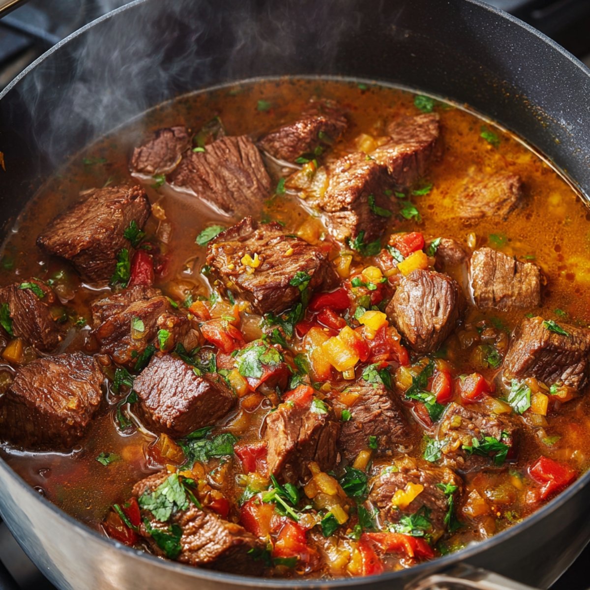 "Chunks of beef simmering in a pot of flavorful birria broth with chopped bell peppers, onions, and cilantro. The steam rises as the beef becomes tender."