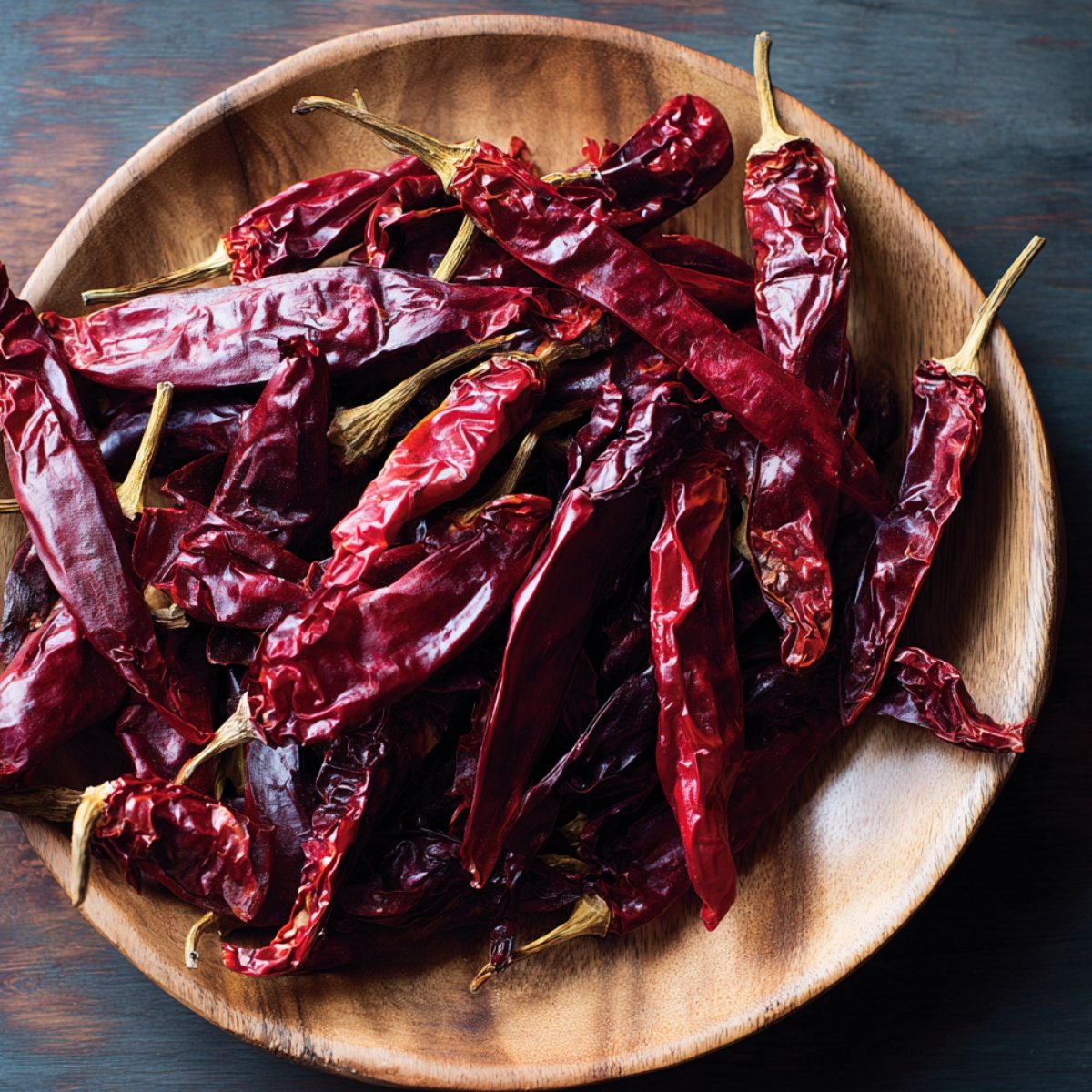 "Wooden bowl filled with dried red chili peppers, typically used to make birria marinade. The chilies are glossy, wrinkled, and deep red in color."