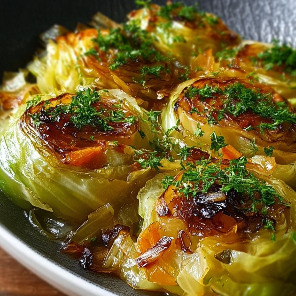 Roasted cabbage with golden-brown crispy edges, garnished with chopped parsley.