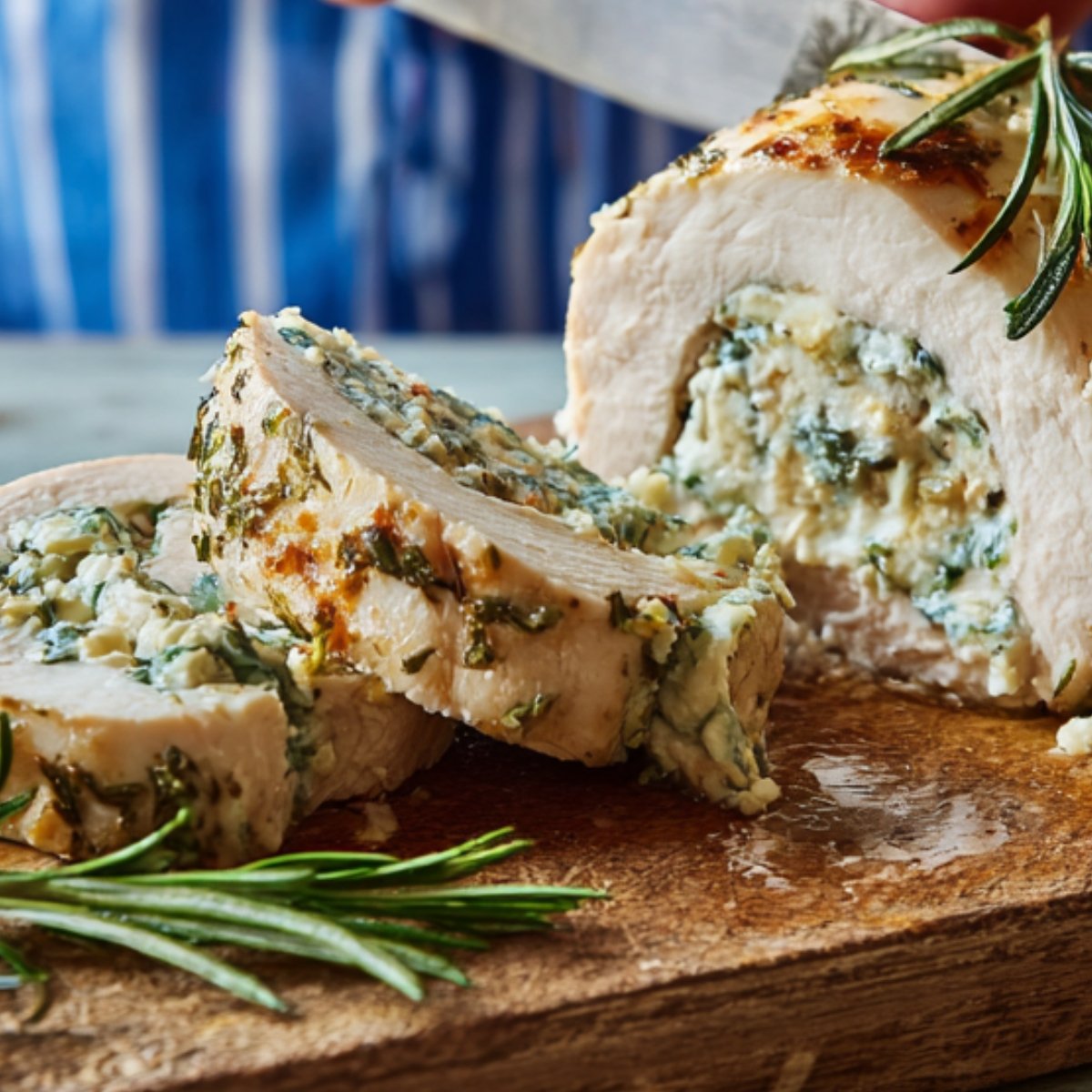 Sliced chicken Kiev on a wooden board, filled with a herb and garlic butter stuffing, garnished with fresh rosemary.