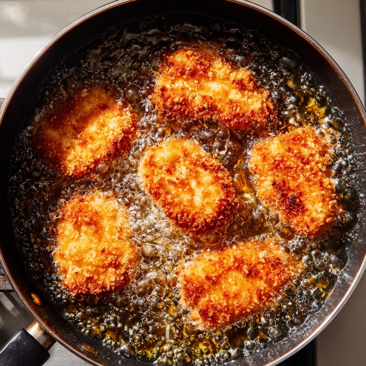 Breaded chicken pieces frying in hot oil in a skillet, turning golden brown and crispy.