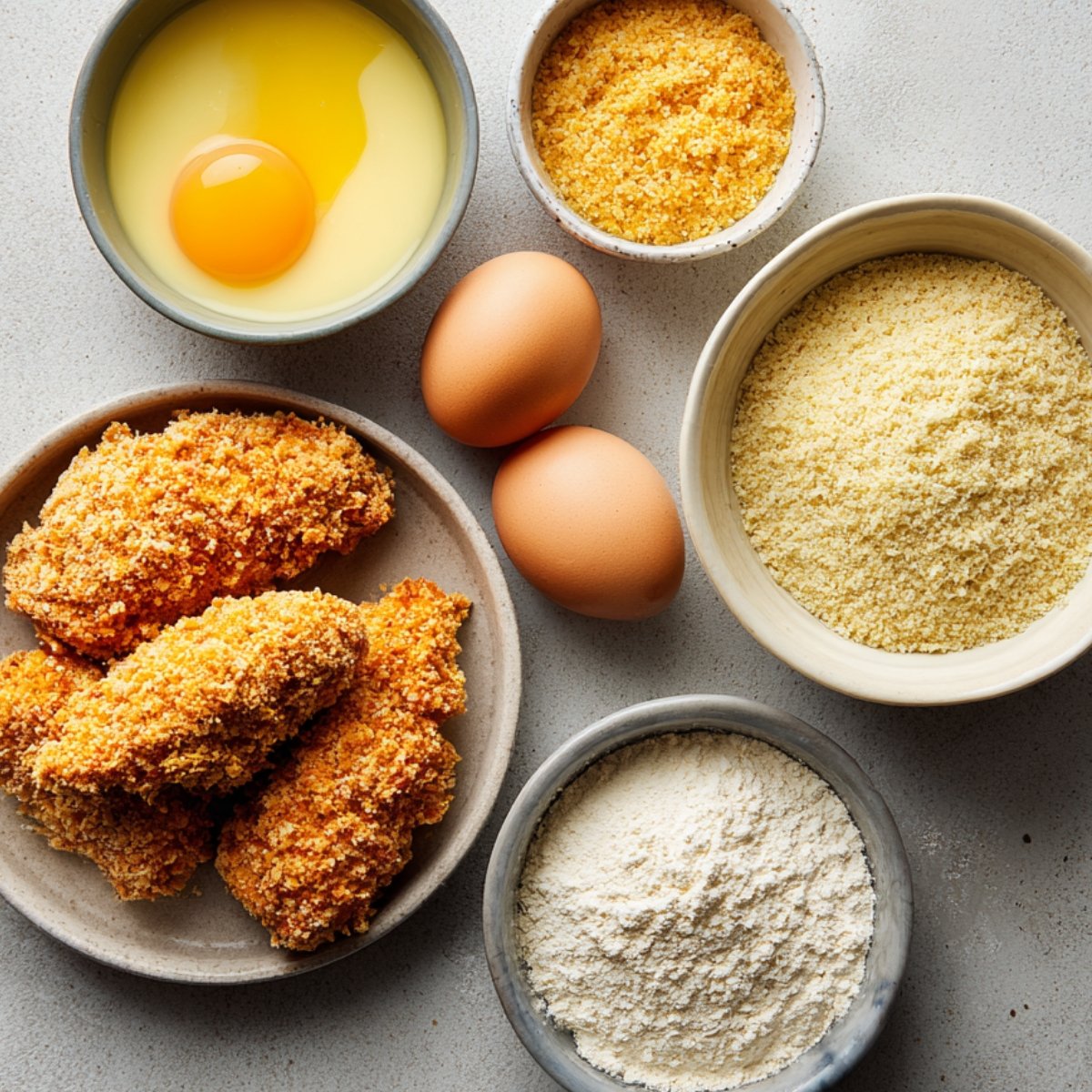 Ingredients for making chicken Kiev, including raw eggs, flour, breadcrumbs, and breaded chicken pieces arranged in bowls on a light surface.