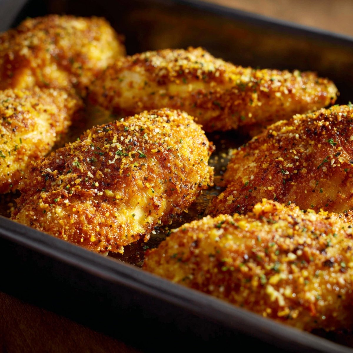 Baked chicken Kiev pieces in a roasting pan, coated in golden brown breadcrumbs and herbs, crispy and ready to serve.
