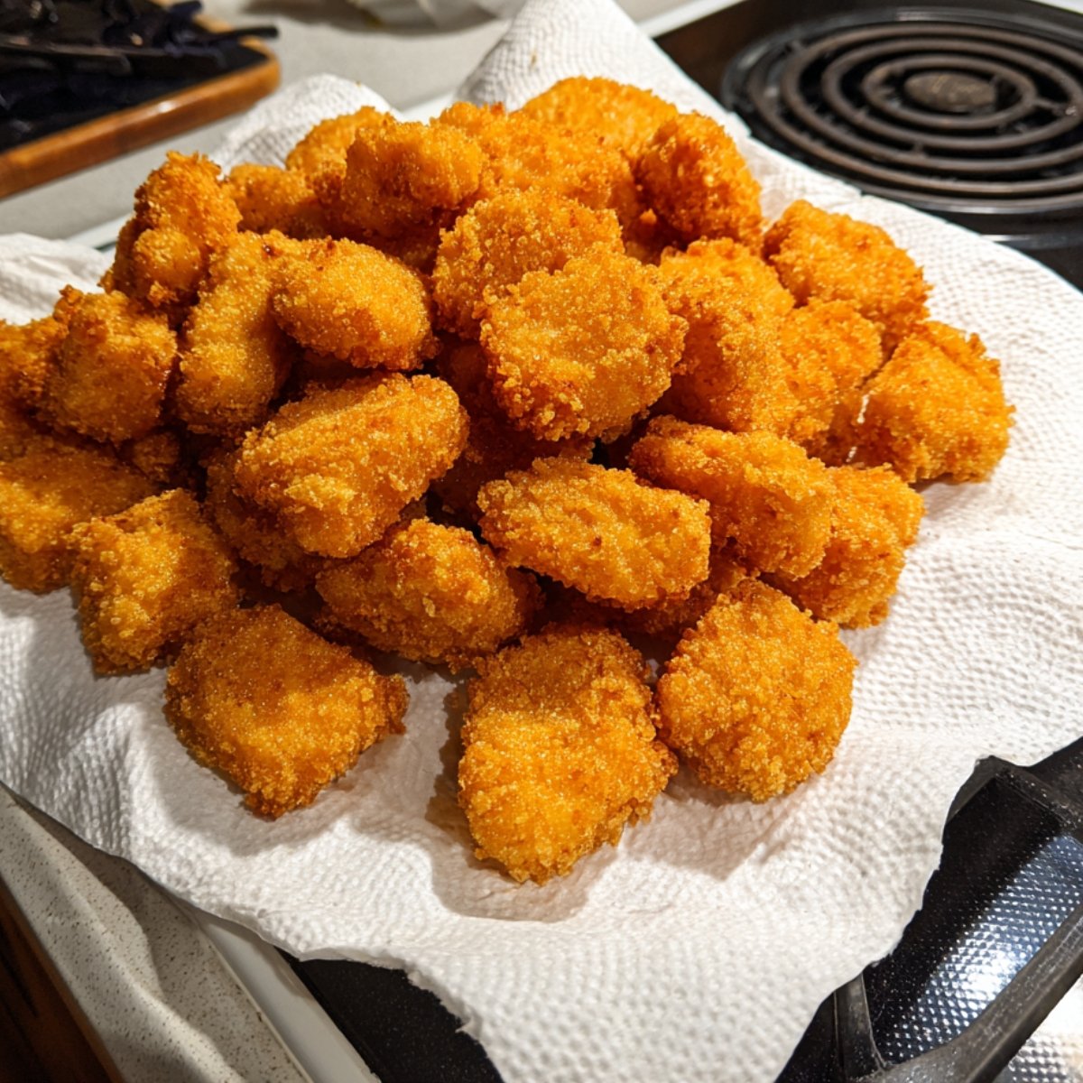 A pile of golden-brown fried chicken nuggets resting on a paper towel to absorb excess oil, placed on a kitchen counter near a stovetop.