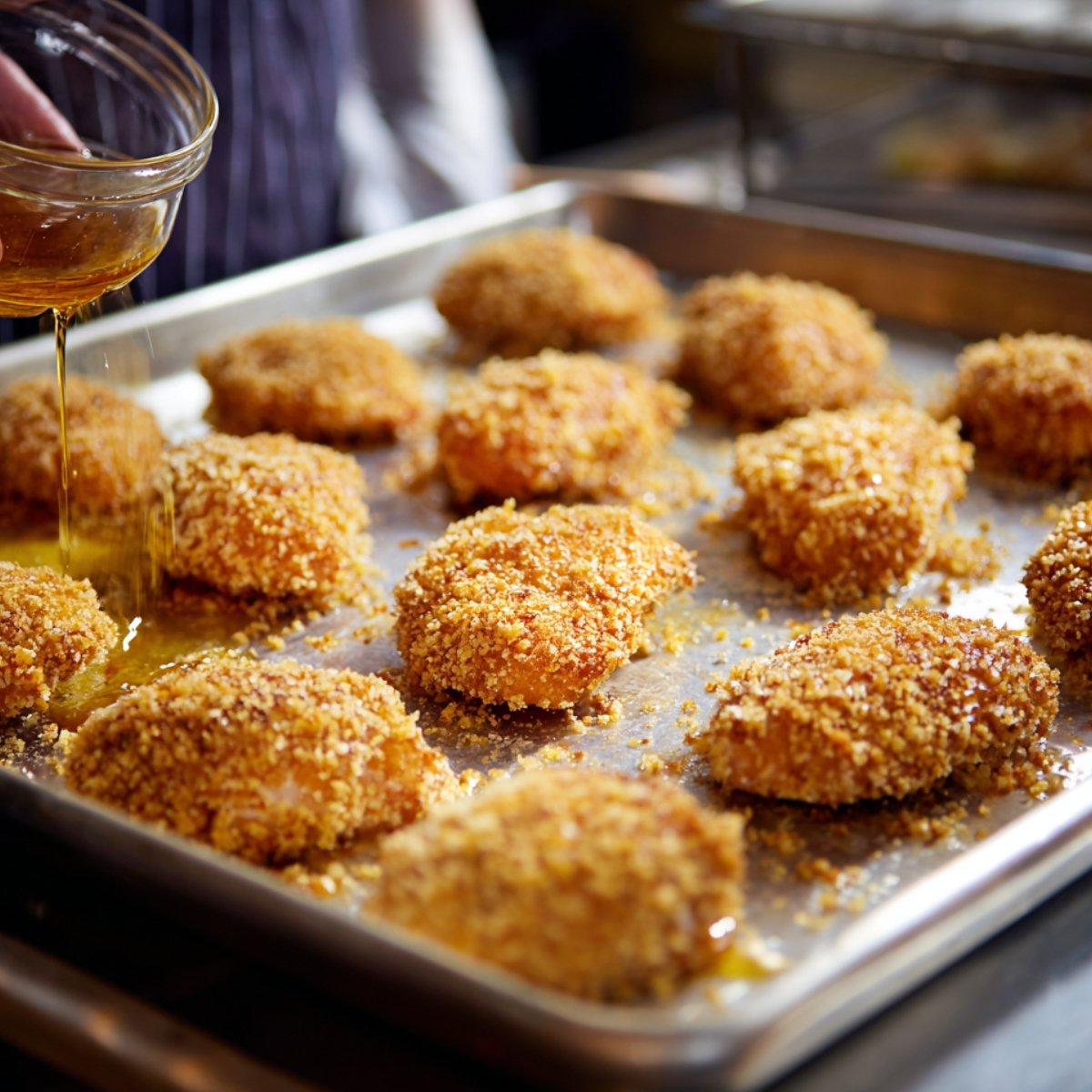 A hand pouring oil from a small glass bowl onto breaded chicken pieces arranged on a large metal baking tray, ready to be baked.
