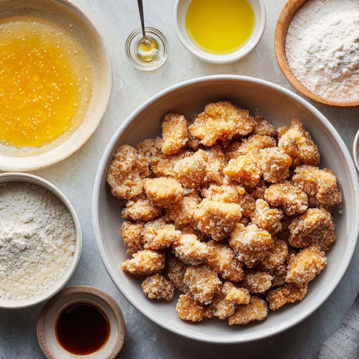 "Breaded chicken nuggets ready to fry, surrounded by bowls of flour, egg wash, oil, soy sauce, and seasonings on a kitchen counter."