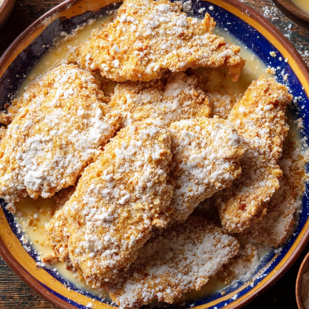 "Raw chicken pieces coated in a mixture of flour, breadcrumbs, and seasonings, resting in a bowl of egg wash before frying."
