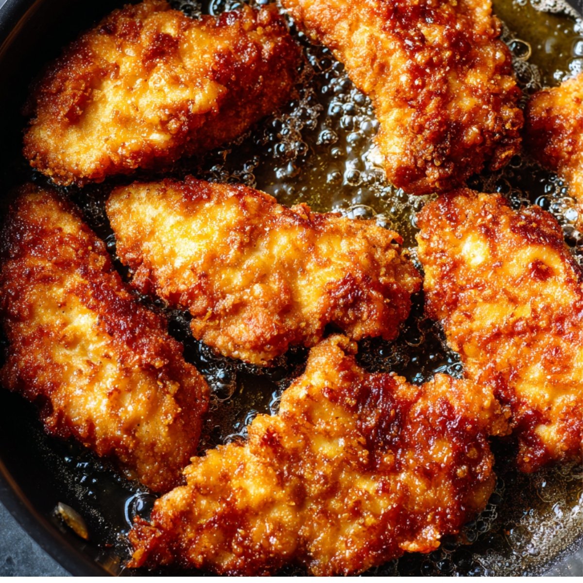 "Chicken tenders being deep-fried in hot oil until golden brown and crispy, bubbling oil surrounding the pieces in a frying pan."