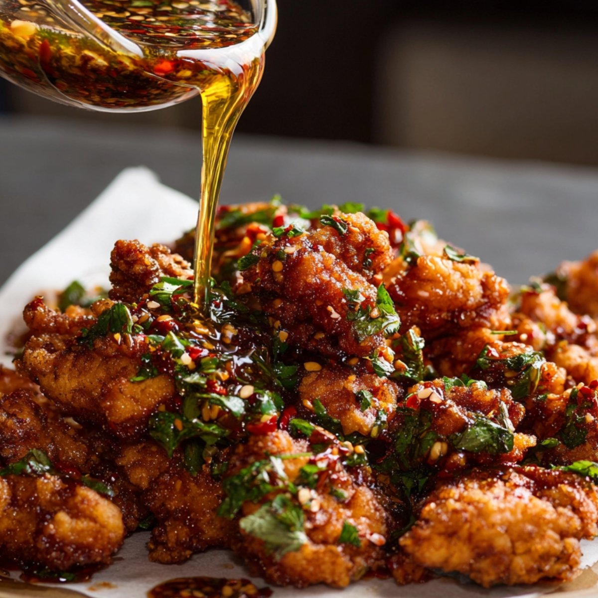 "Golden crispy fried chicken bites being generously drizzled with a vibrant sweet and spicy sauce, garnished with chopped herbs, sesame seeds, and chili flakes."