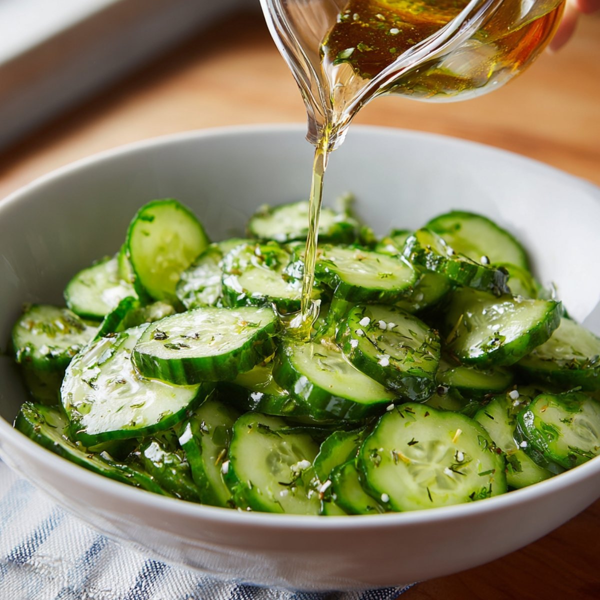 Cucumber slices in a white bowl with a light dressing being poured over them, garnished with herbs for a fresh, tangy salad.