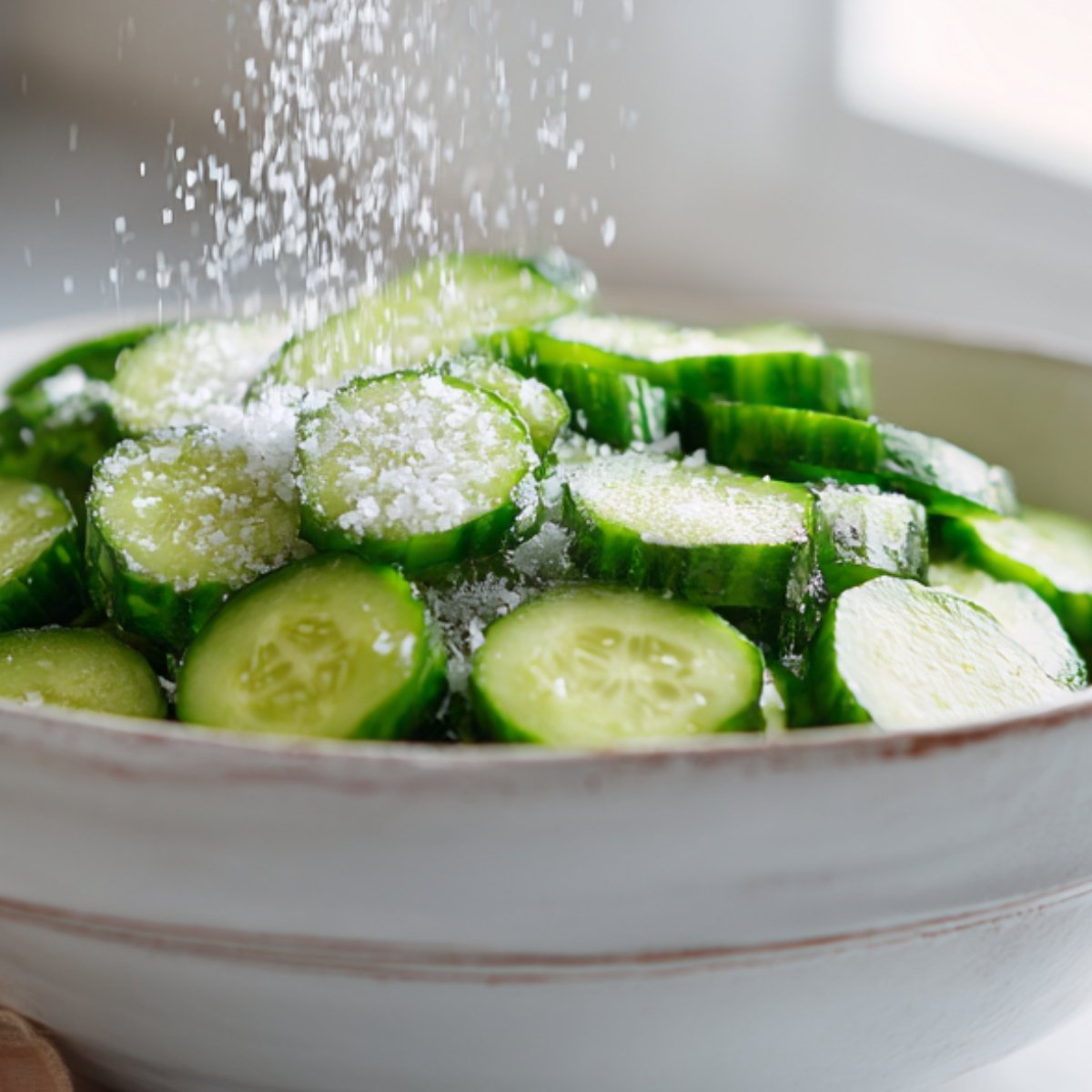 Sliced cucumbers in a bowl with coarse salt sprinkled over them to draw out excess water.