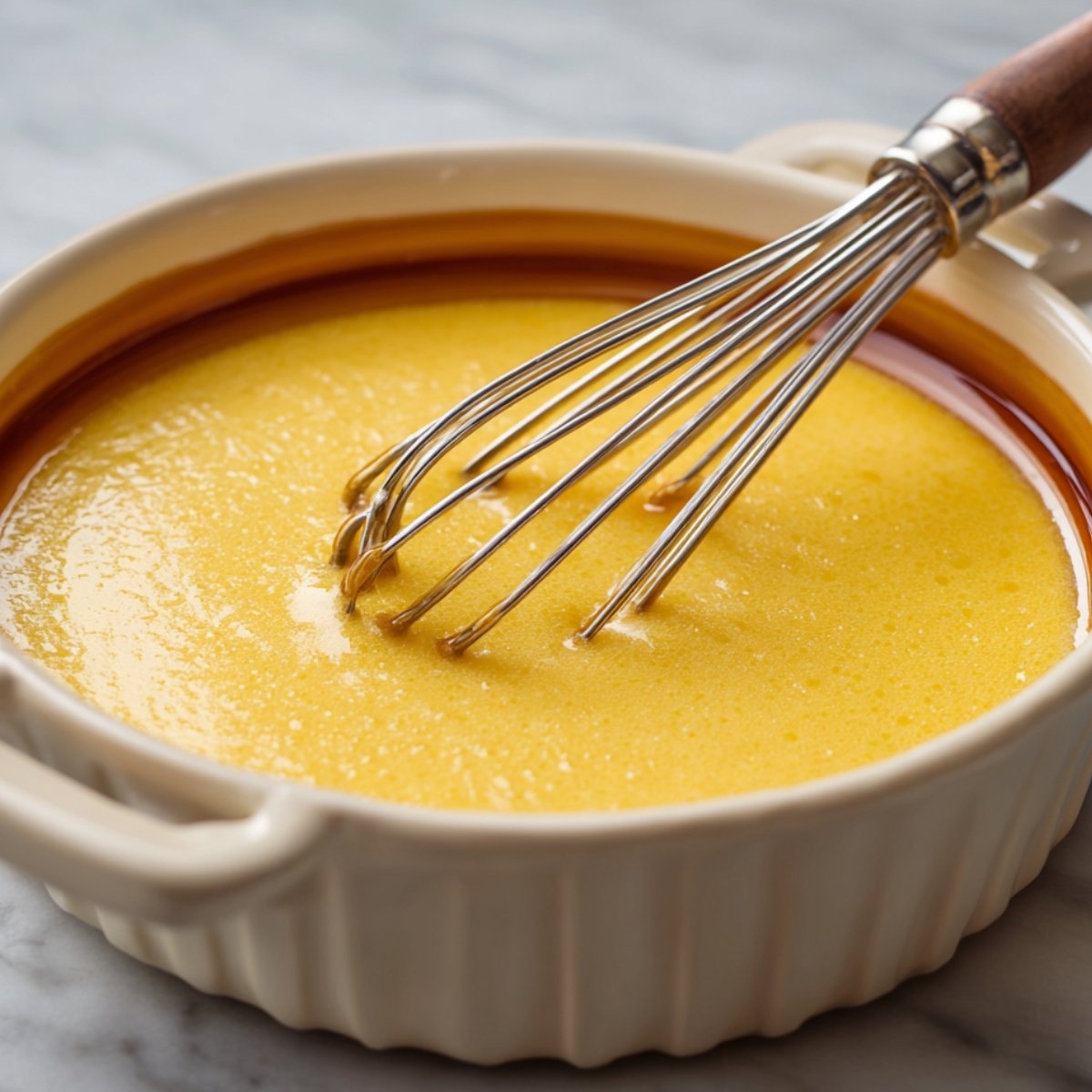 A bowl of yellow flan custard mixture being whisked with a metal whisk. The mixture looks smooth and slightly foamy, ready for baking.