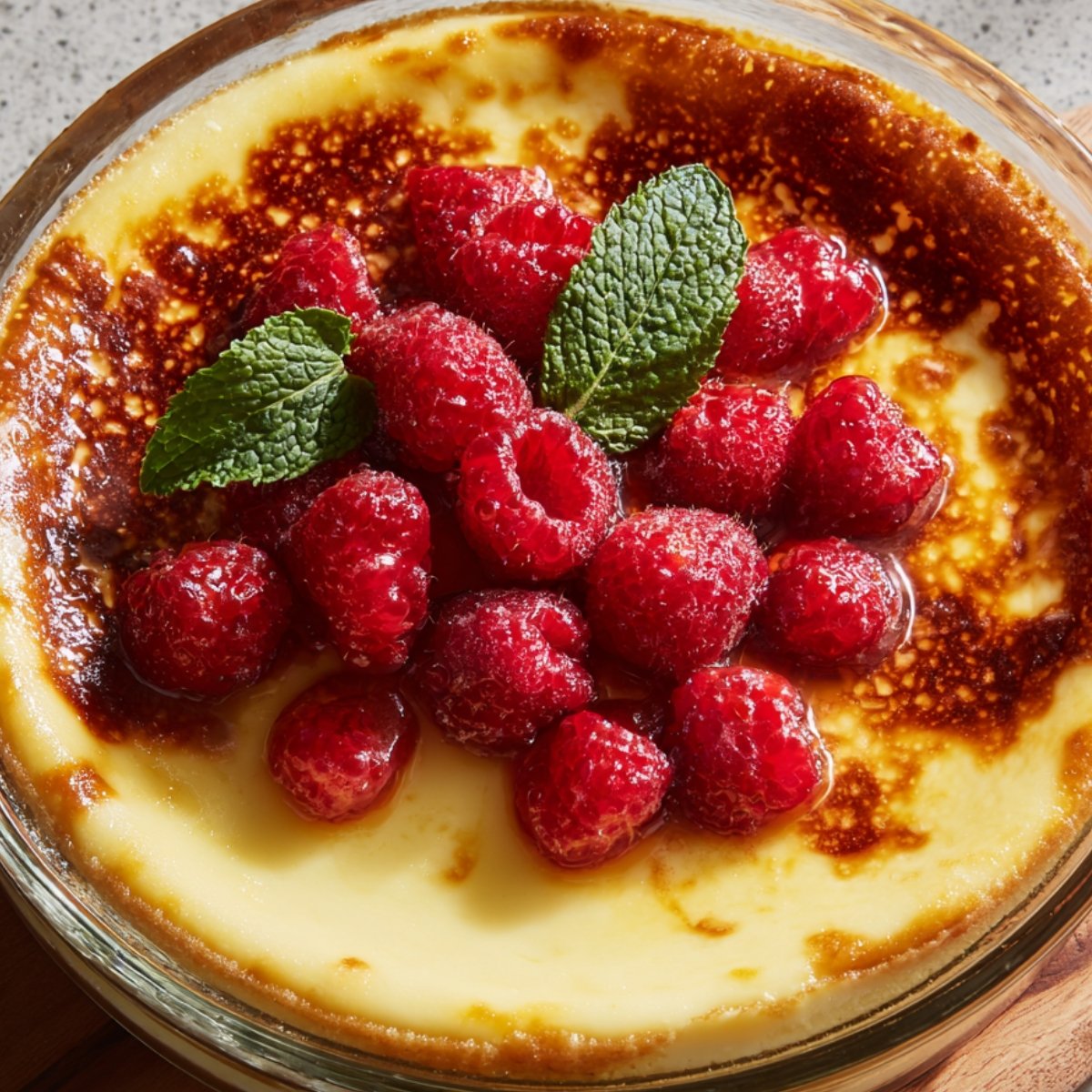A baked flan topped with fresh raspberries and mint leaves. The caramelized top has a golden brown color, and the custard underneath appears creamy and smooth.