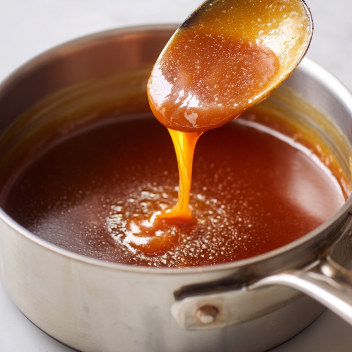 A saucepan filled with golden-brown caramel sauce. A spoon is lifting the caramel, showing its glossy and thick consistency.