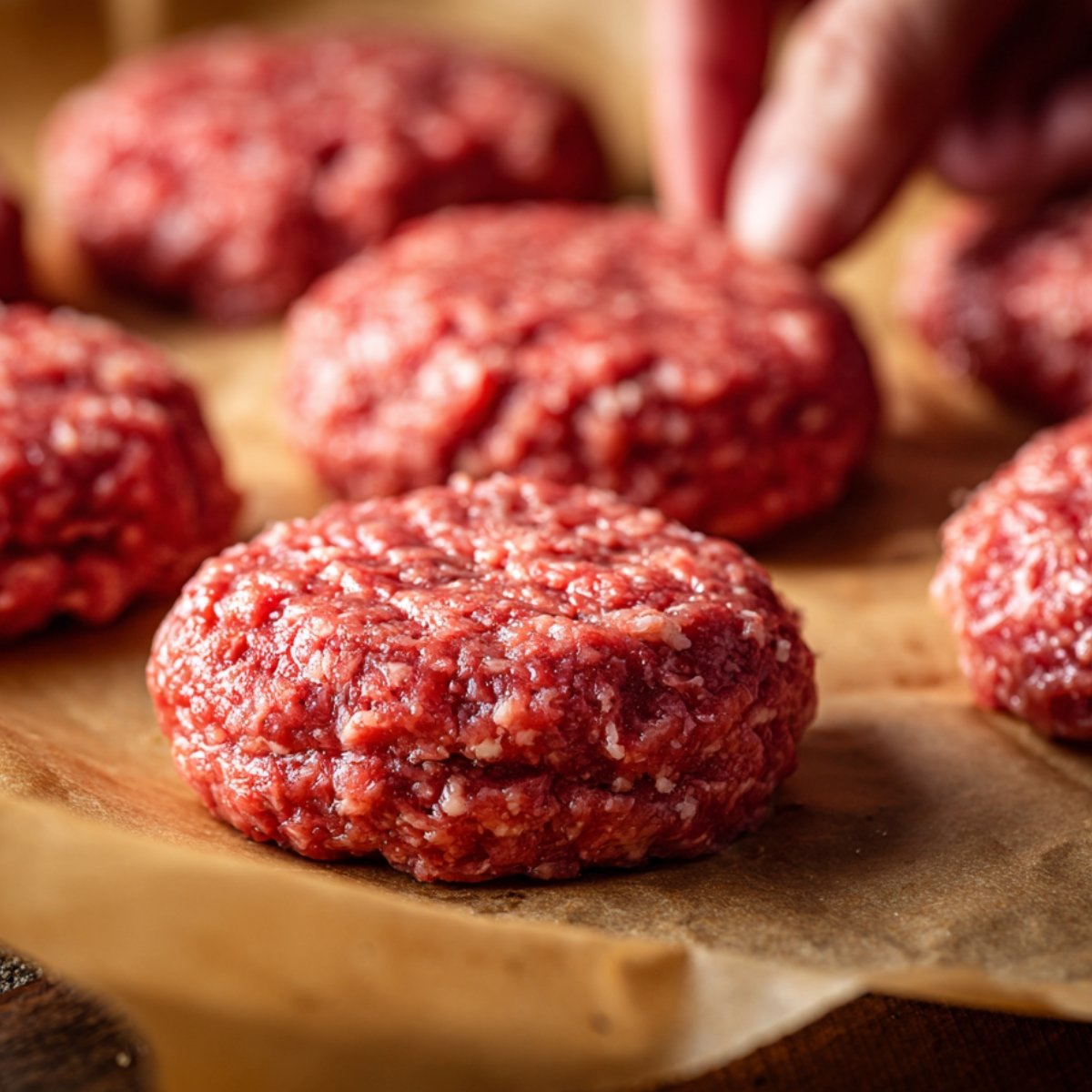 Raw formed beef patties placed on parchment paper, ready to be cooked for homemade burgers.