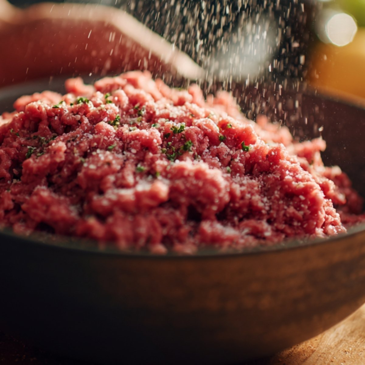 Ground beef being seasoned in a dark bowl, sprinkled with salt and herbs, ready to be mixed for burger patties.