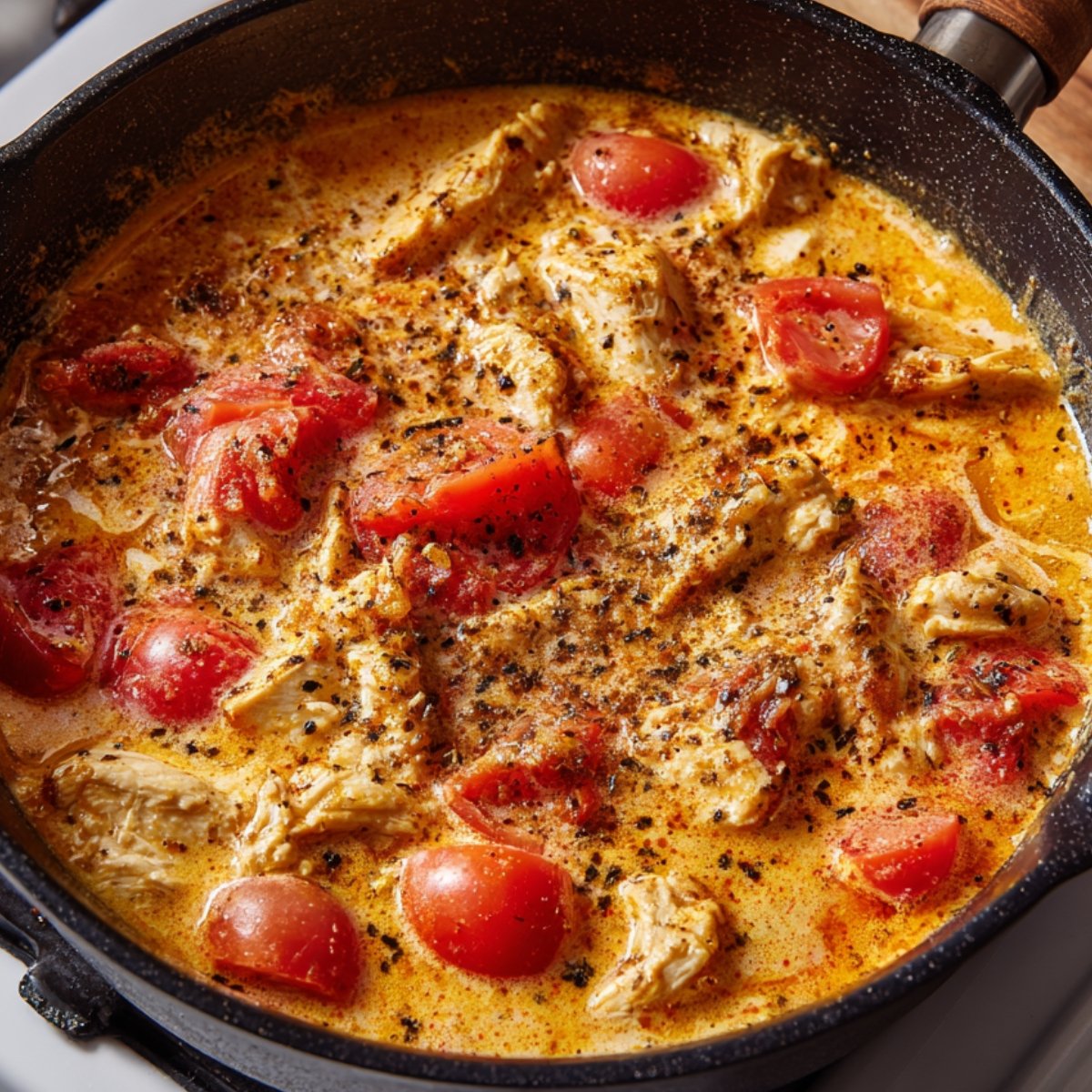 A skillet with pieces of chicken cooked in a creamy sauce with fresh cherry tomatoes, seasoned with black pepper, and a rich blend of spices.