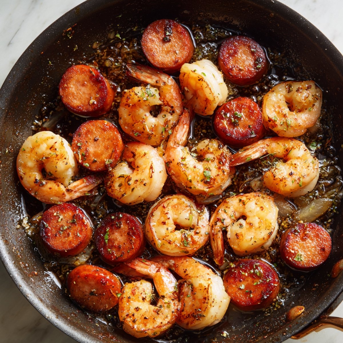 A skillet of shrimp and sausage, both browned and seasoned, sizzling in a flavorful sauce, with herbs and spices visible.
