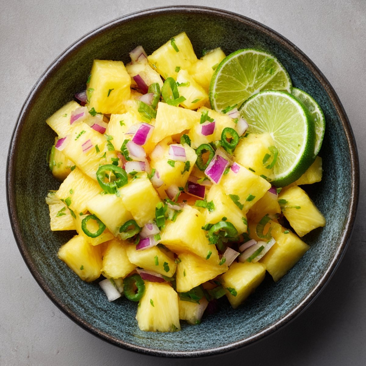A dark ceramic bowl filled with diced pineapple, finely chopped red onion, green chili slices, and fresh herbs, garnished with lime wedges.