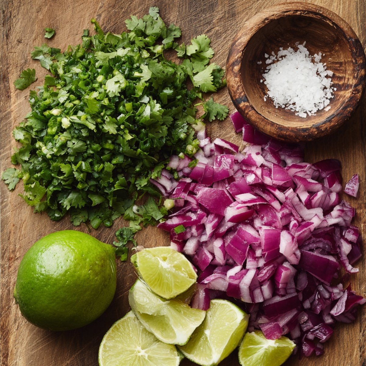A wooden cutting board with piles of chopped cilantro, diced red onion, lime wedges, and a small wooden bowl of coarse salt.