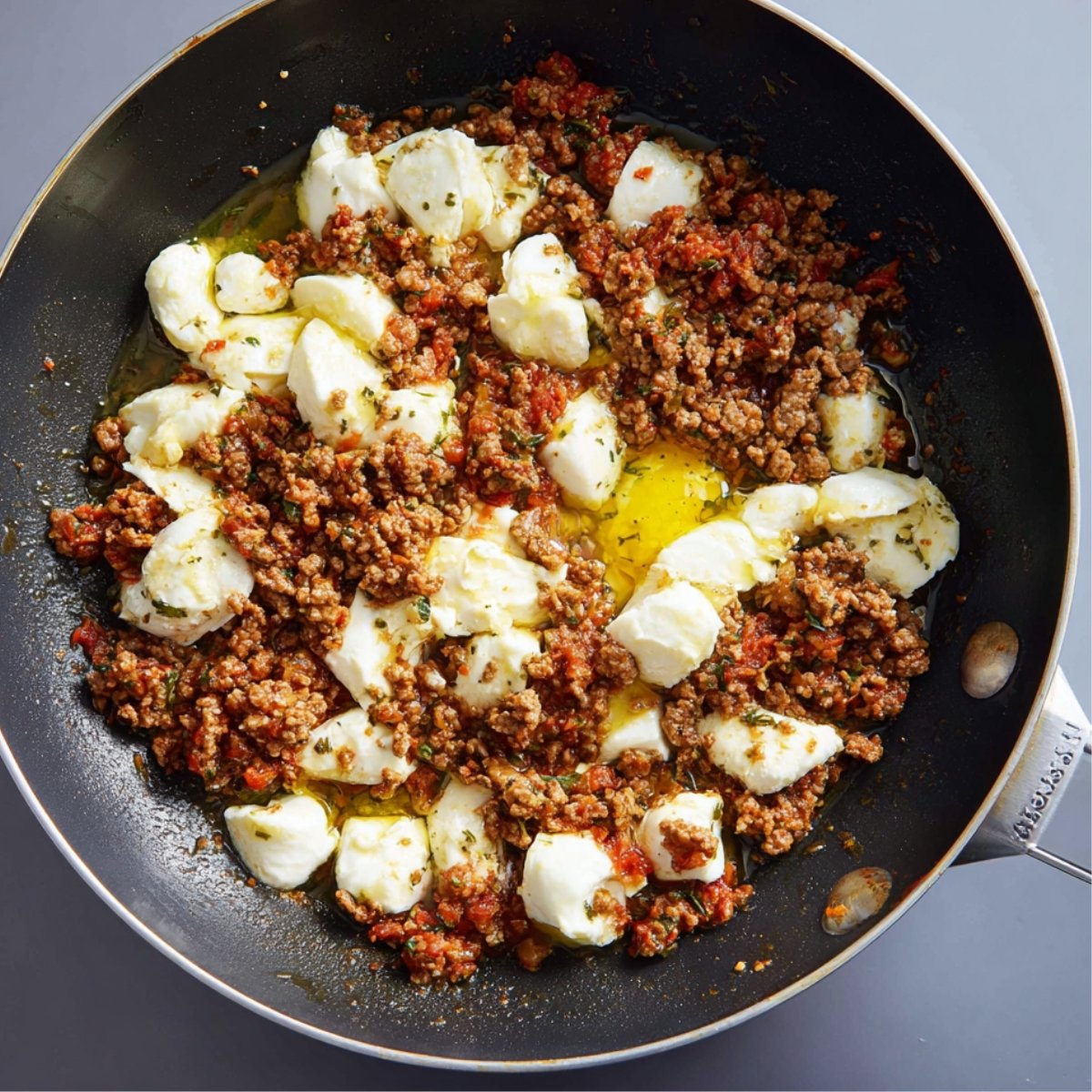 A frying pan with cooked ground meat, chunks of mozzarella, tomato sauce, and herbs being melted and mixed.