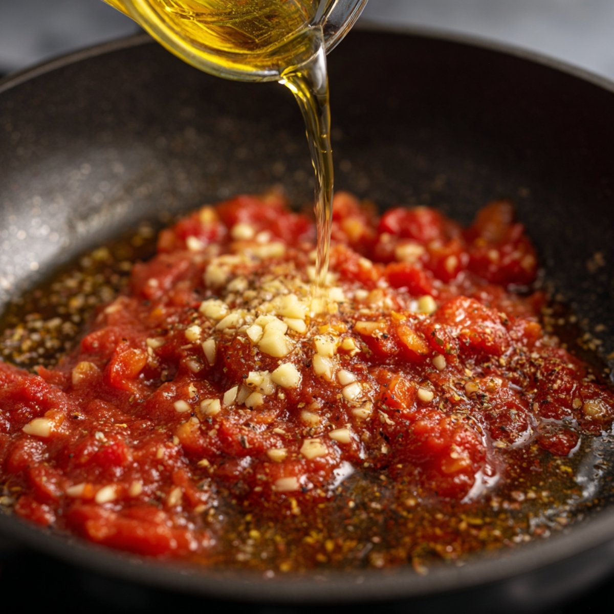 A close-up of a pan with chopped garlic, herbs, and diced tomatoes being drizzled with olive oil to make tomato sauce.