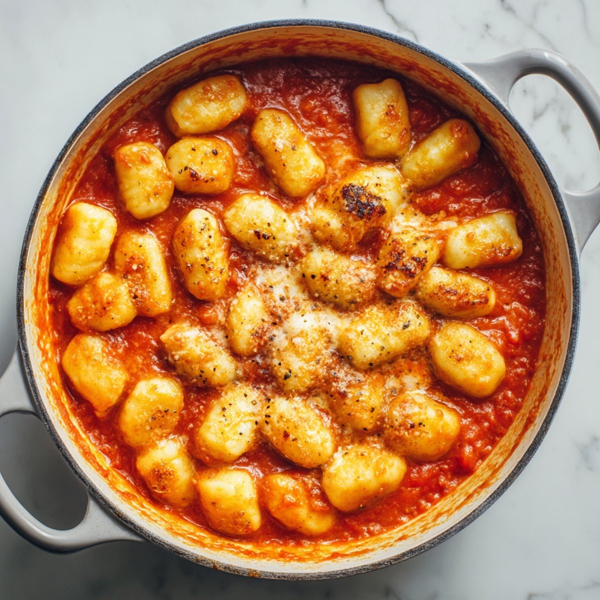 A cast iron pot filled with golden gnocchi baked in rich tomato sauce, topped with melted cheese and cracked black pepper.
