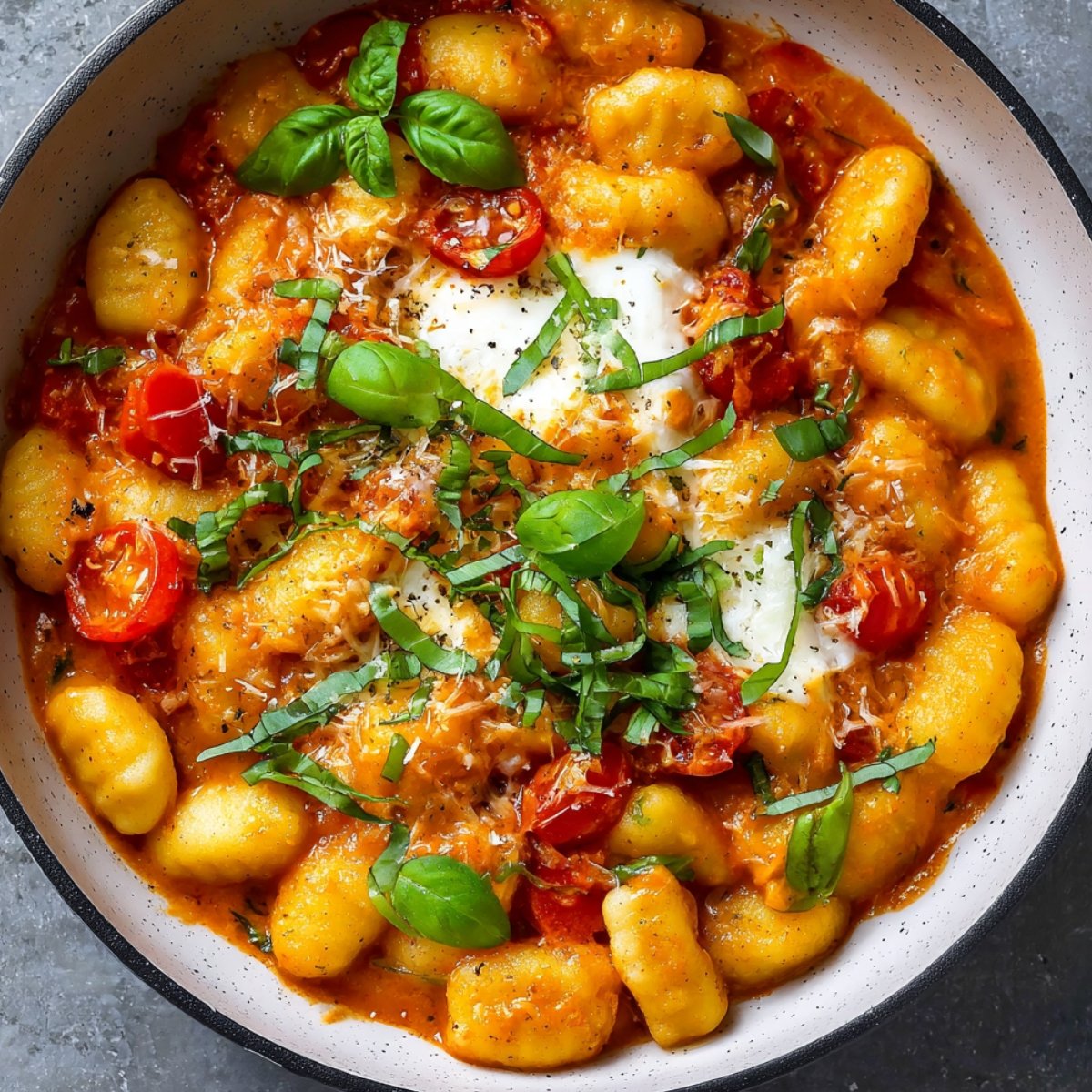 A bowl of gnocchi in a creamy tomato sauce, topped with cherry tomatoes, fresh basil leaves, grated cheese, and melted mozzarella.