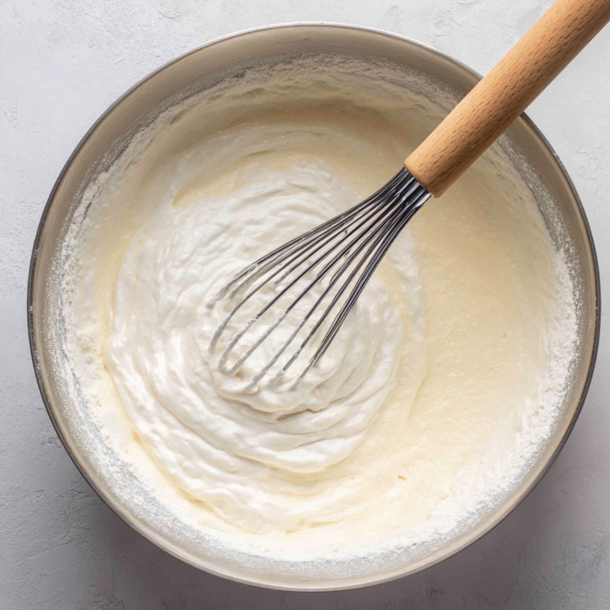 Whipped vanilla cake batter in a mixing bowl with a whisk, smooth and creamy texture.