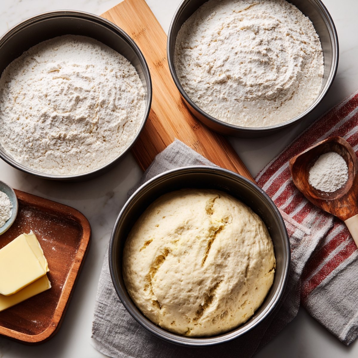 Three round cake pans filled with vanilla batter and flour on a kitchen counter, ready for baking.