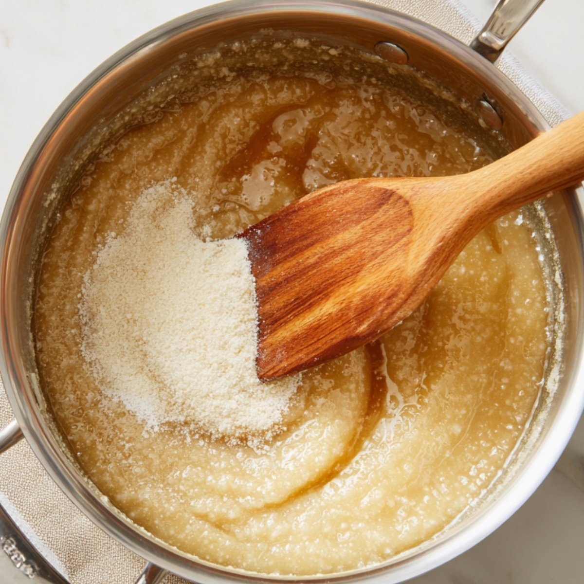 Saucepan with churro batter, wooden spoon stirring flour into melted butter and sugar mixture.