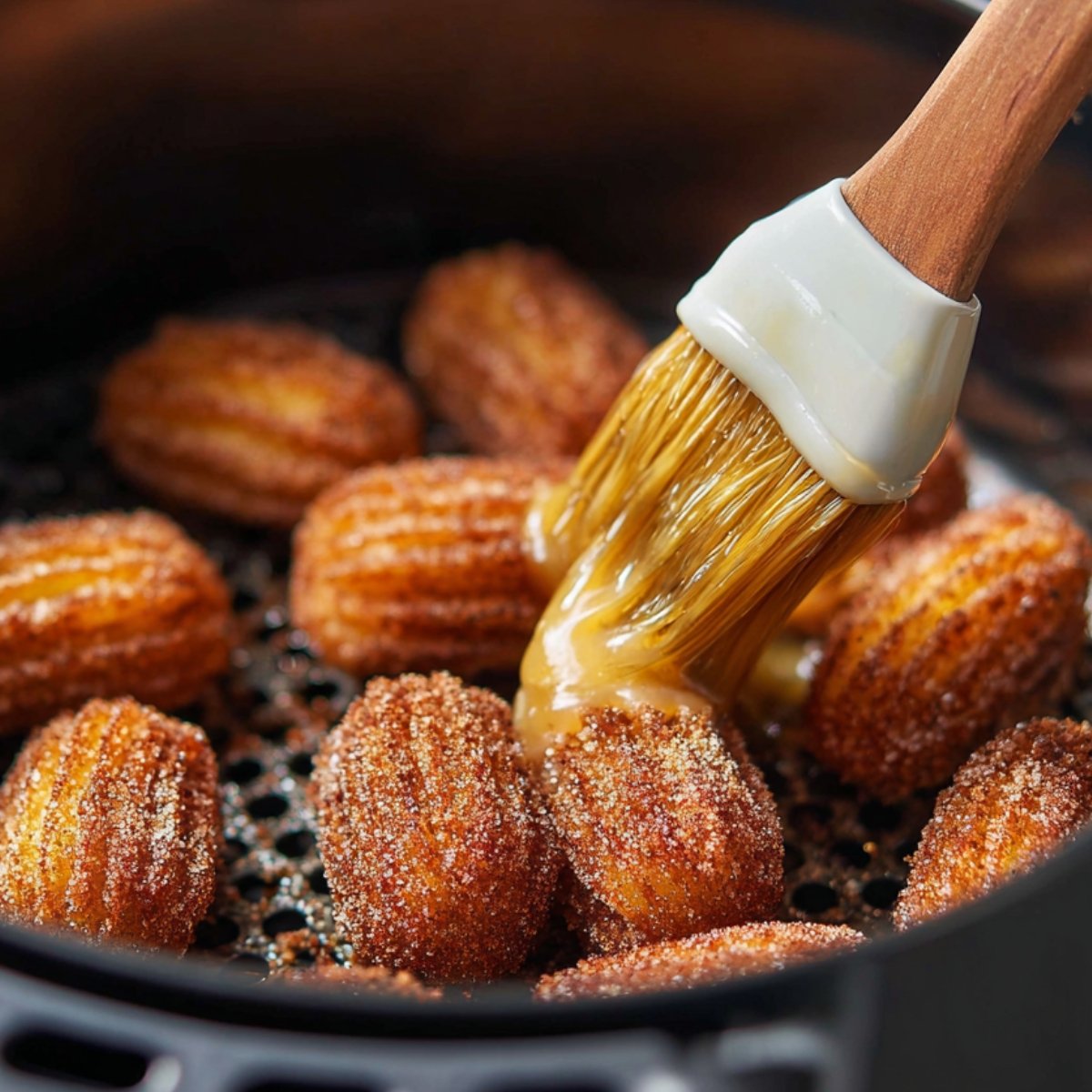 Air fryer basket filled with churro bites, a brush applying melted butter to the crispy surface.