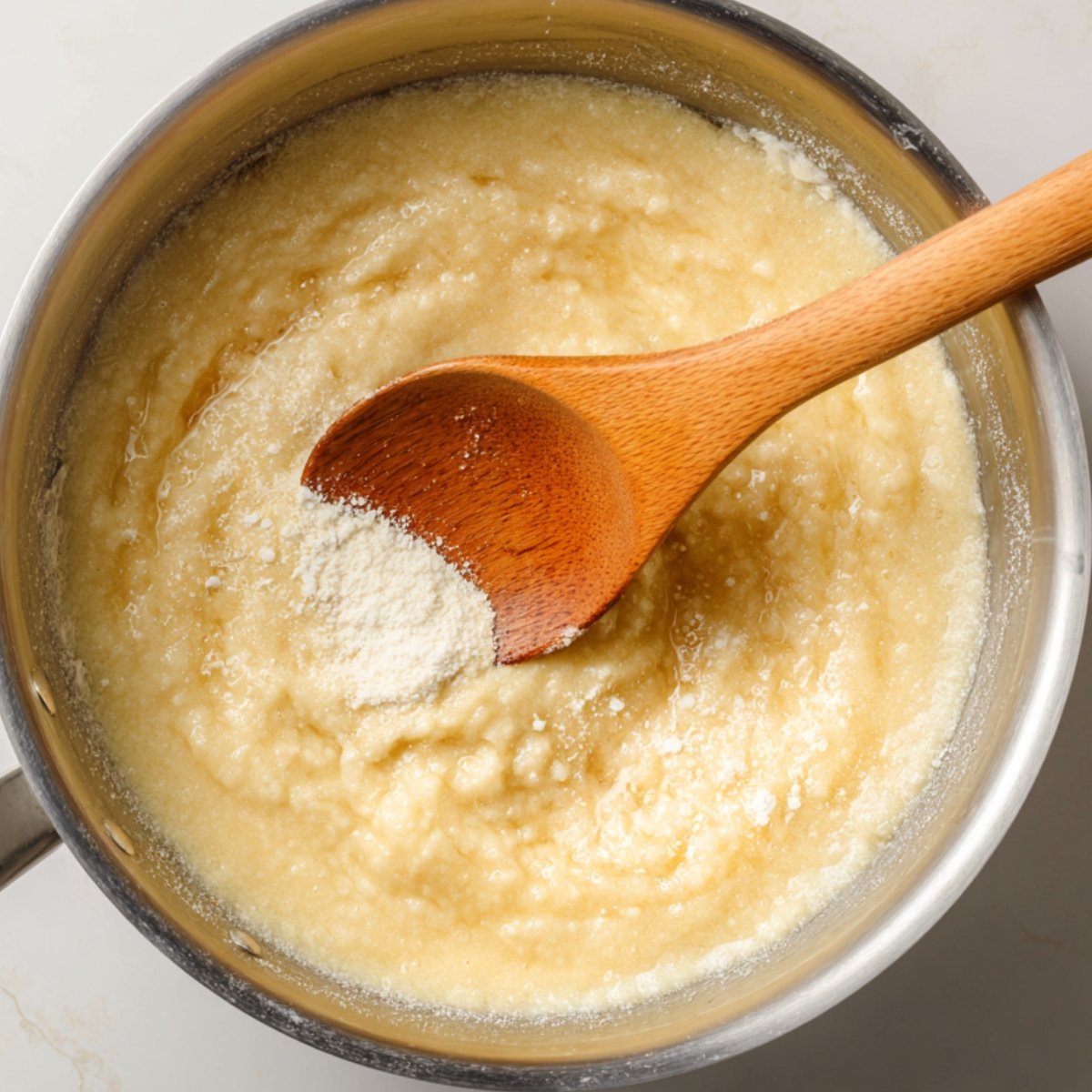 Thick churro dough cooking in a saucepan, flour being mixed into the butter base with a wooden spoon.