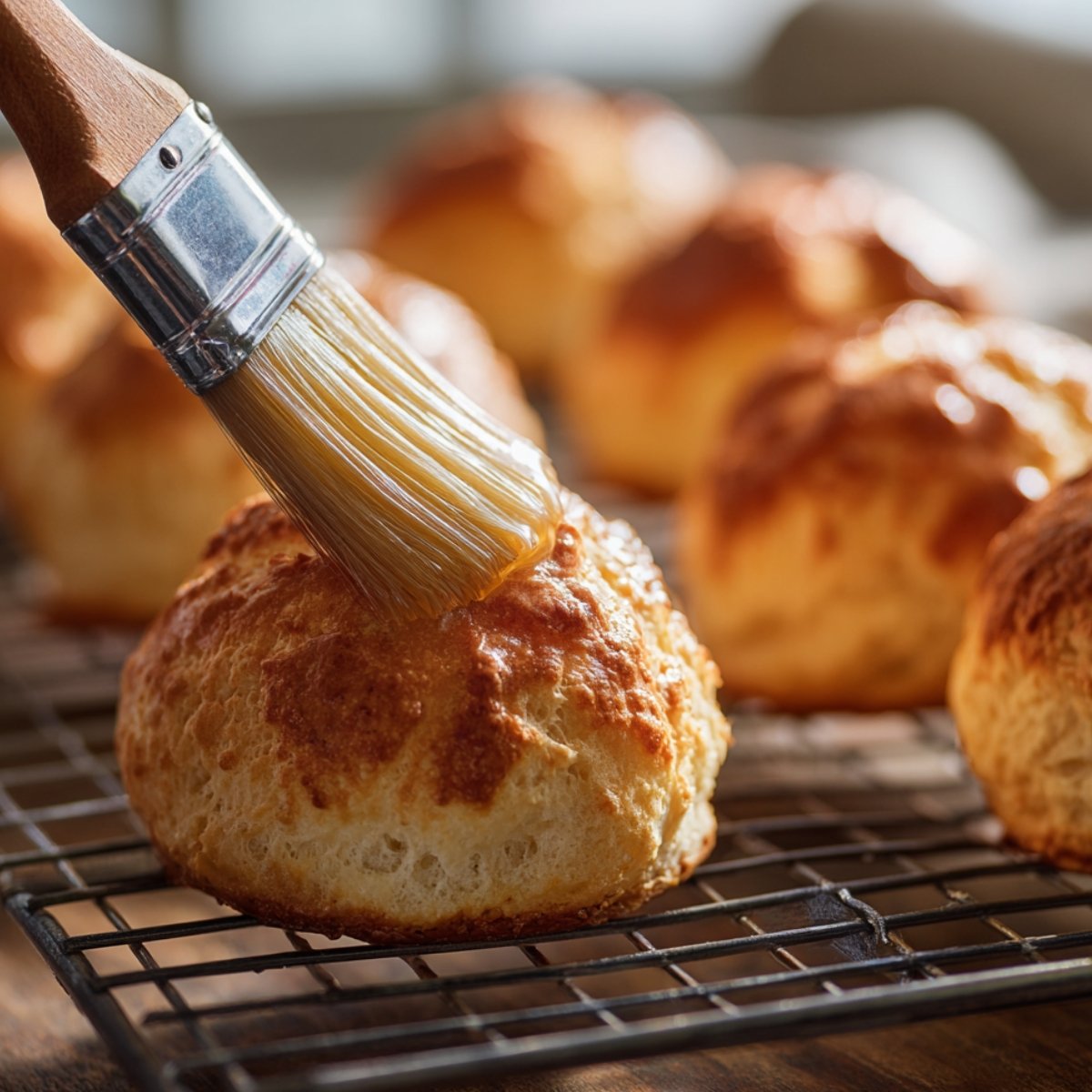 "Freshly baked golden bread roll on cooling rack being brushed with melted butter for a glossy finish."