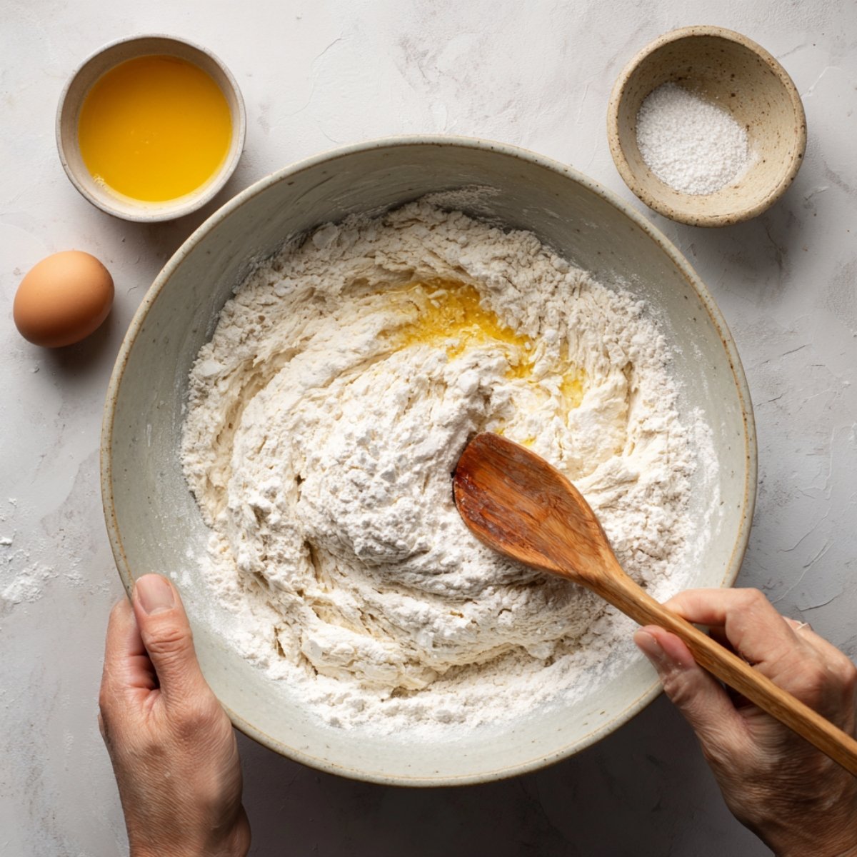 "Mixing bread roll dough in a large bowl with a wooden spoon, combining flour and melted butter, with egg and salt nearby."