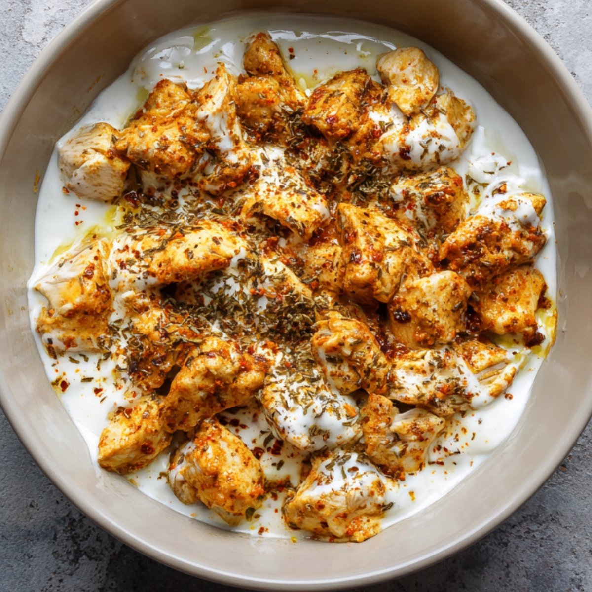 Chicken marinating in yogurt and spices inside a bowl, coated with herbs and chili flakes.
